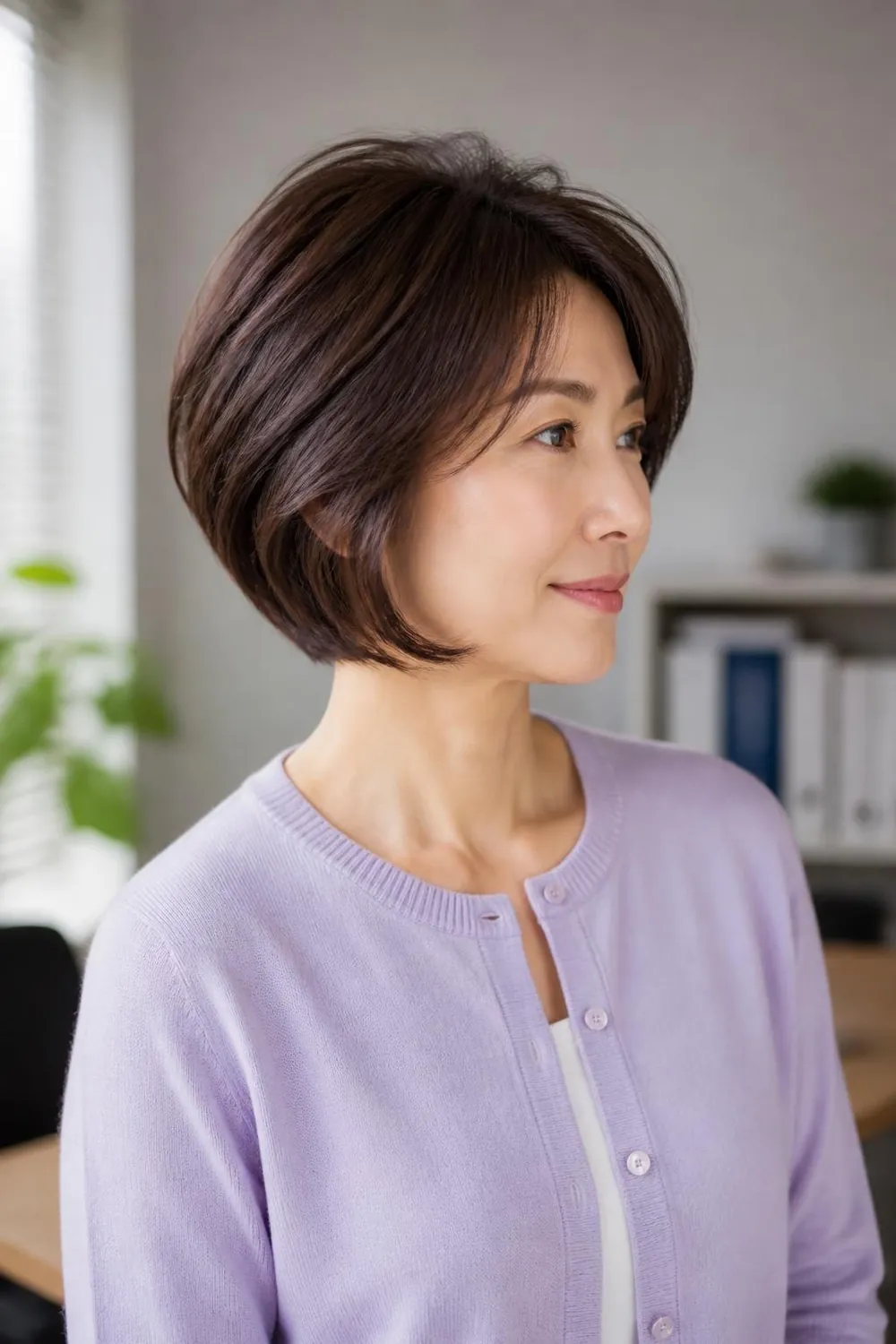 Soft layered bob with feathered movement for fine hair on a woman in her 40s