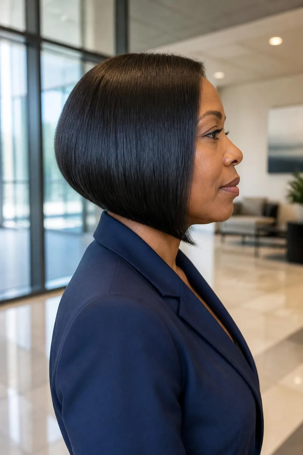 Angled A-line bob, shorter in back and longer in front, on a woman in her 40s