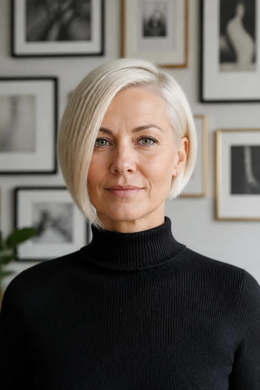 Asymmetrical bob with one side longer than the other on a woman in her 40s