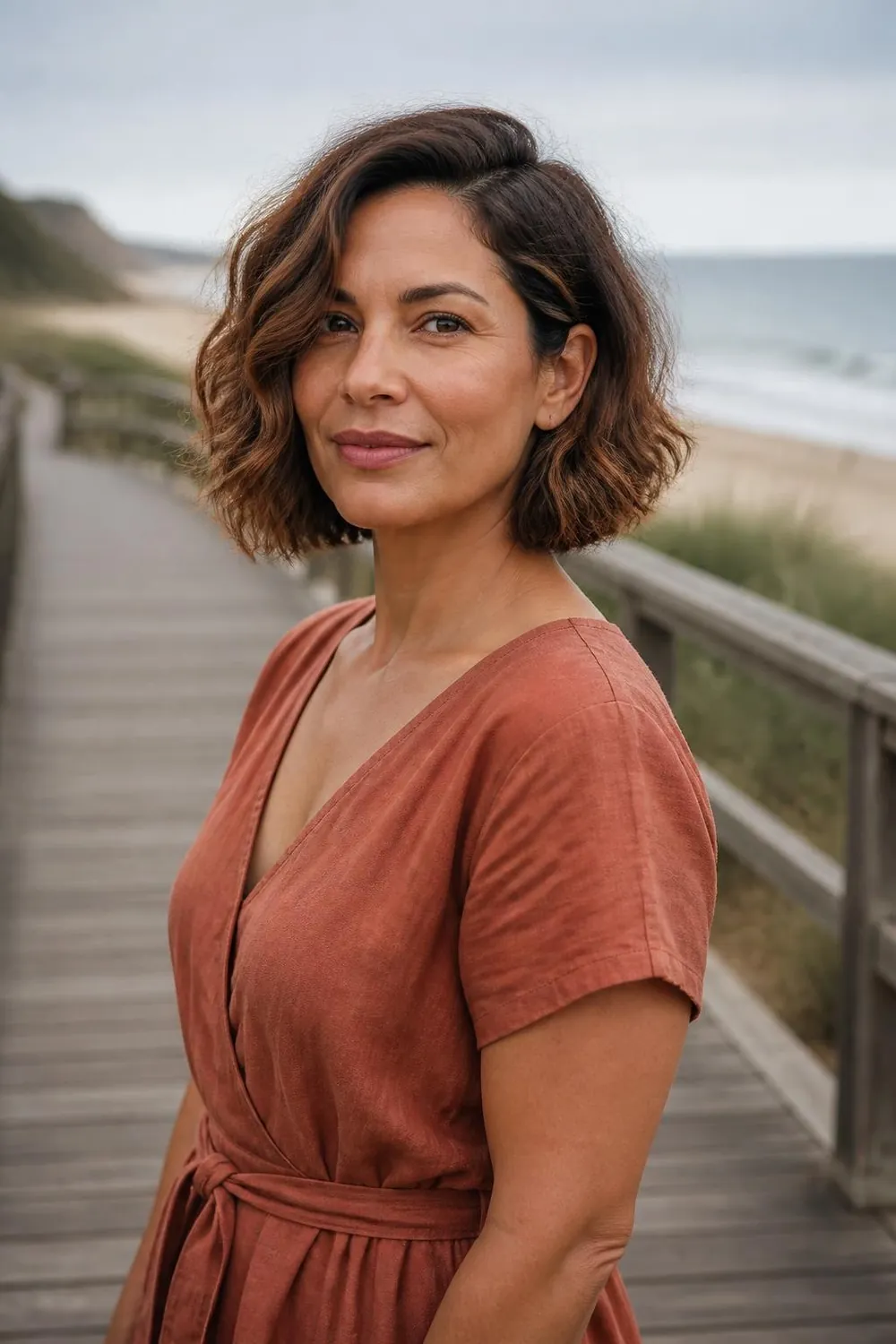 Wavy chin-length bob with a deep side part on a woman in her 40s