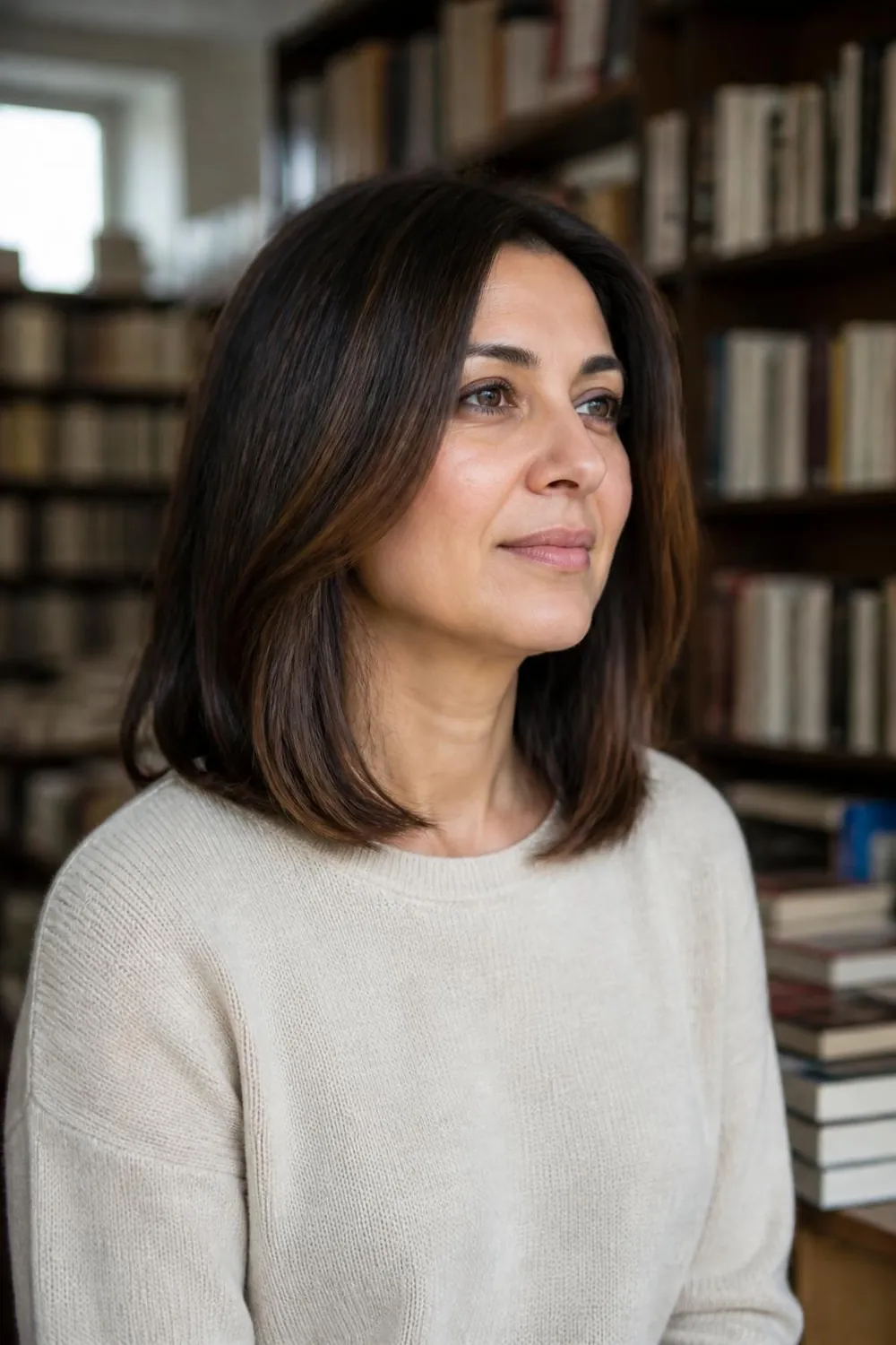 Collarbone-length lob with a soft bend on a brunette woman in her 40s