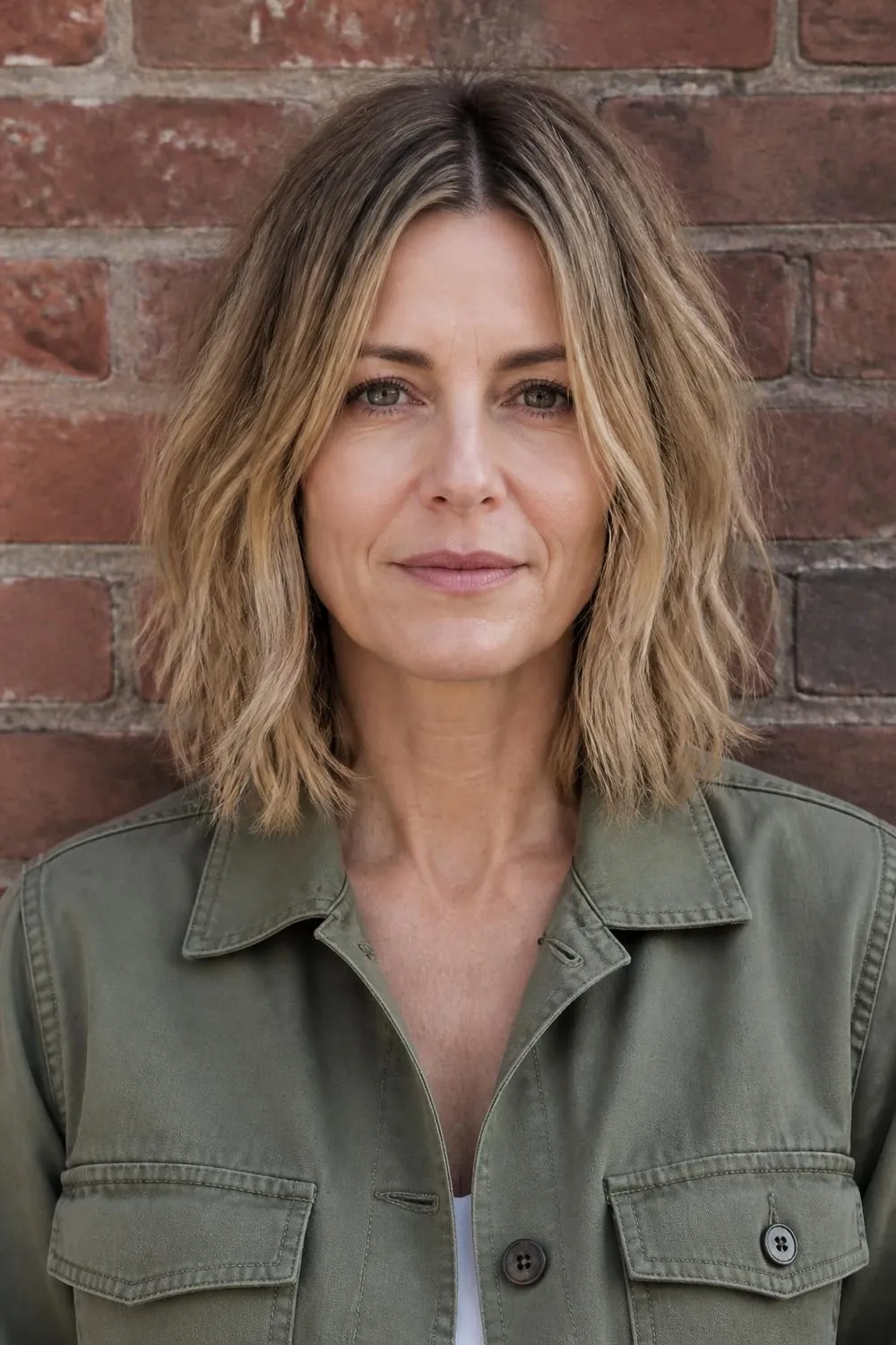 Choppy textured lob with piecey ends and a center part on a woman in her 40s