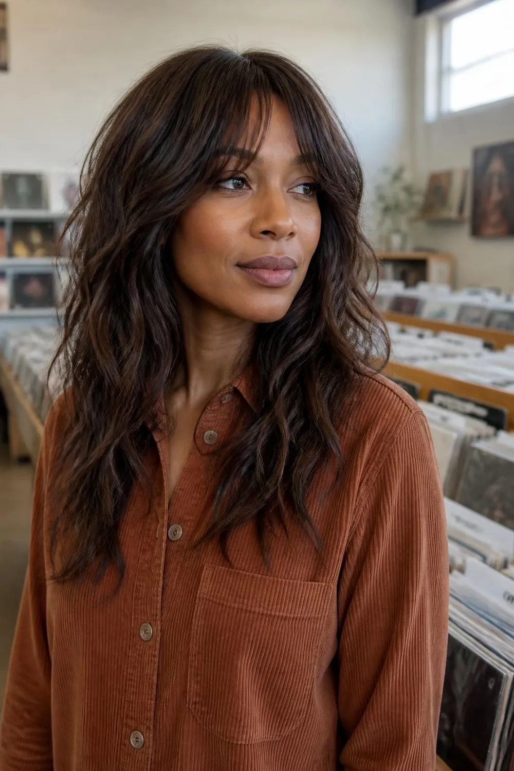 Modern shag with curtain bangs and choppy layers on a woman in her 40s