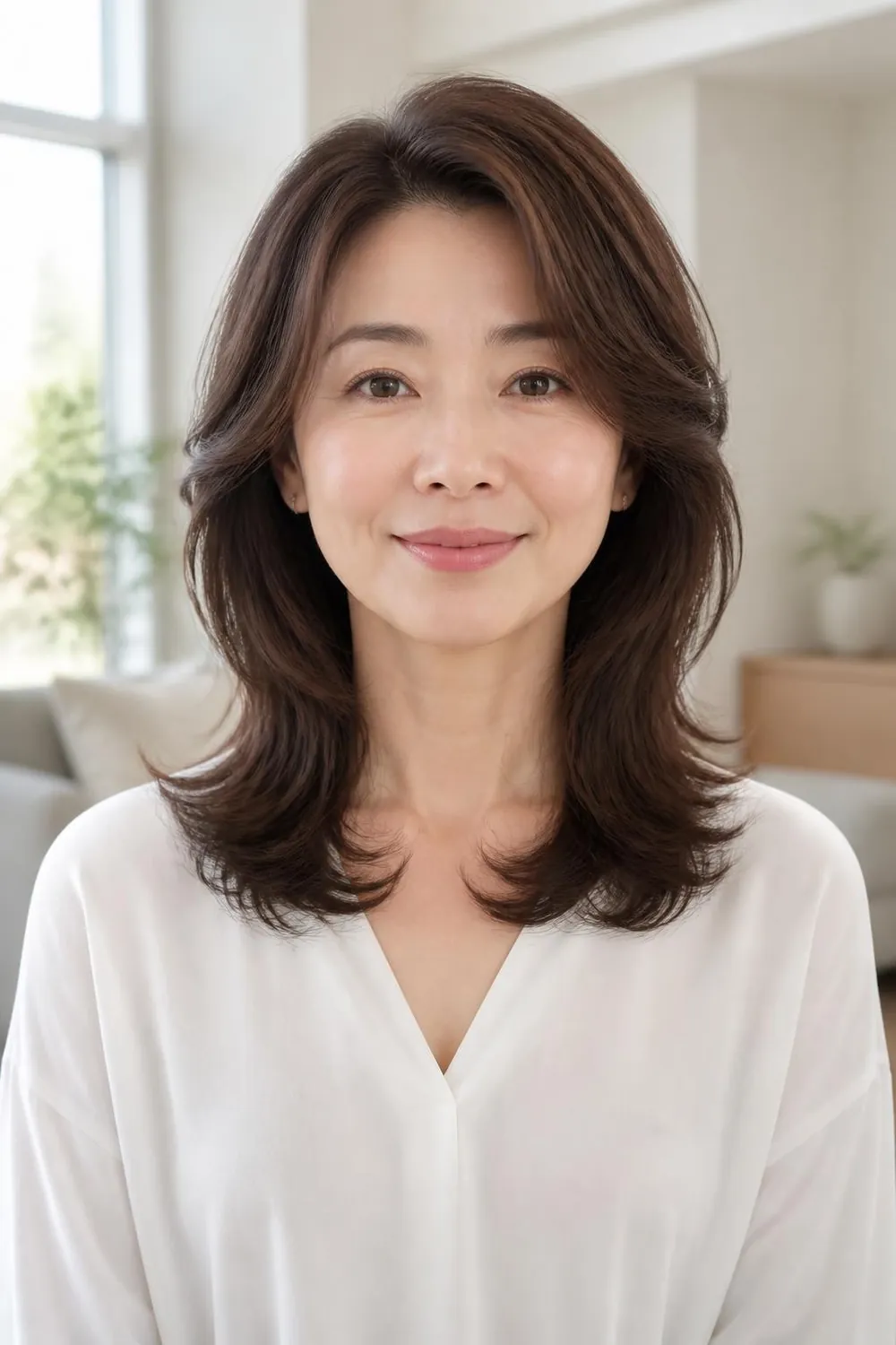 Shoulder-length butterfly cut with short face-framing layers on a woman in her 40s