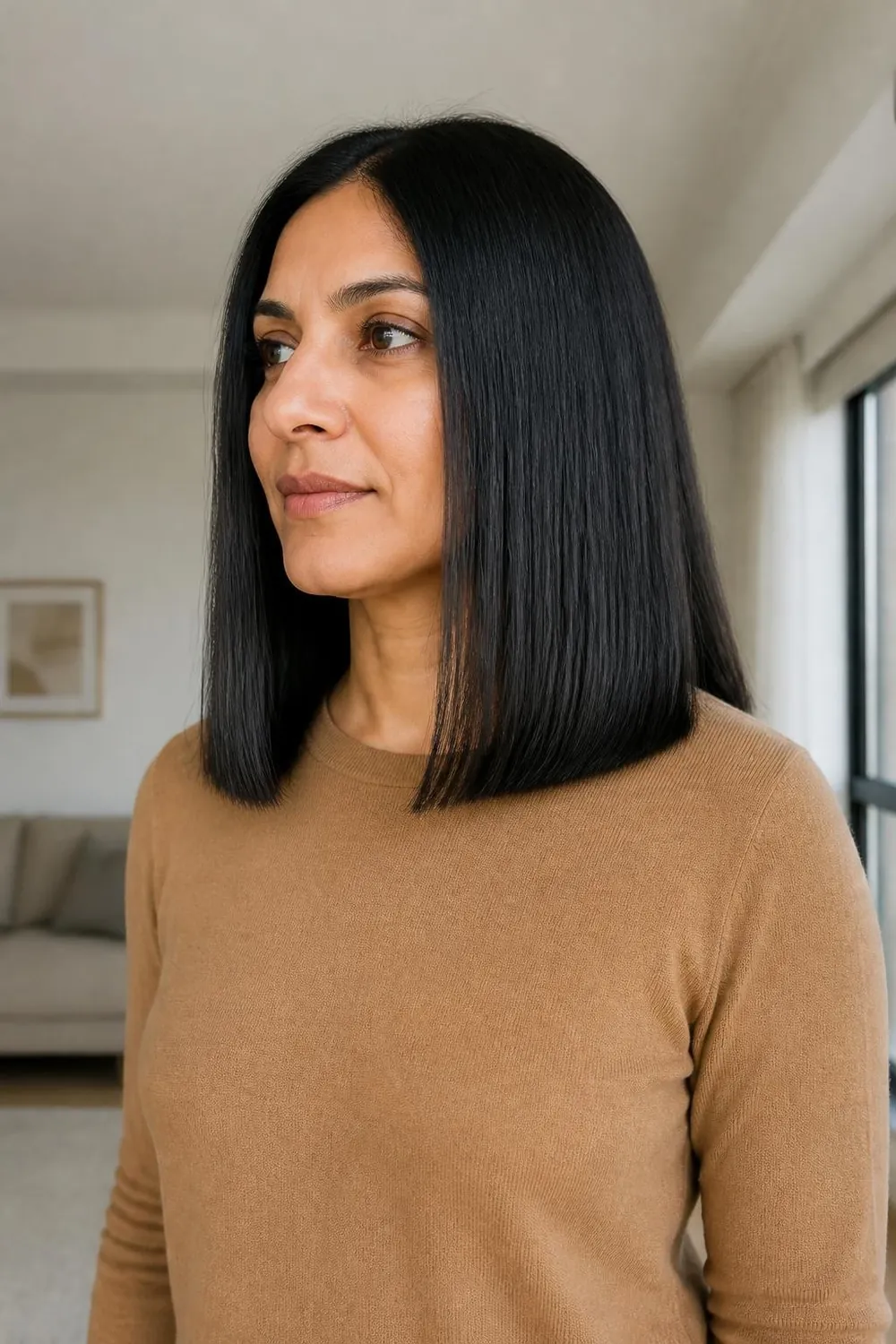 One-length shoulder haircut with glossy blunt ends on a woman in her 40s