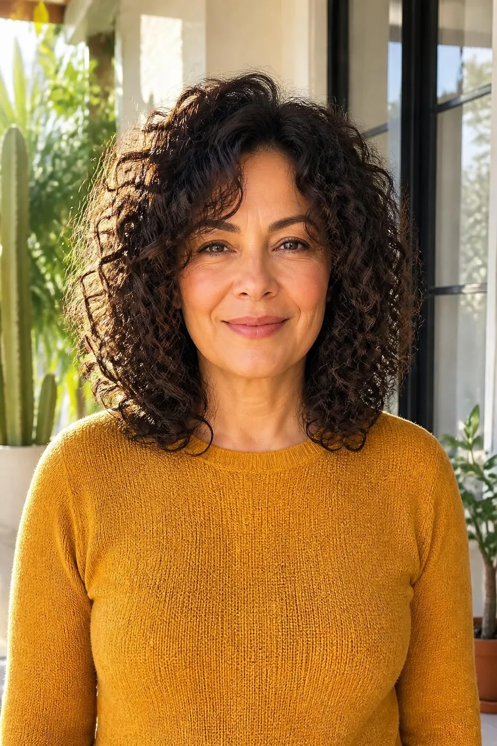 Rounded shoulder-length curly layers with volume on top on a Latina woman in her 40s