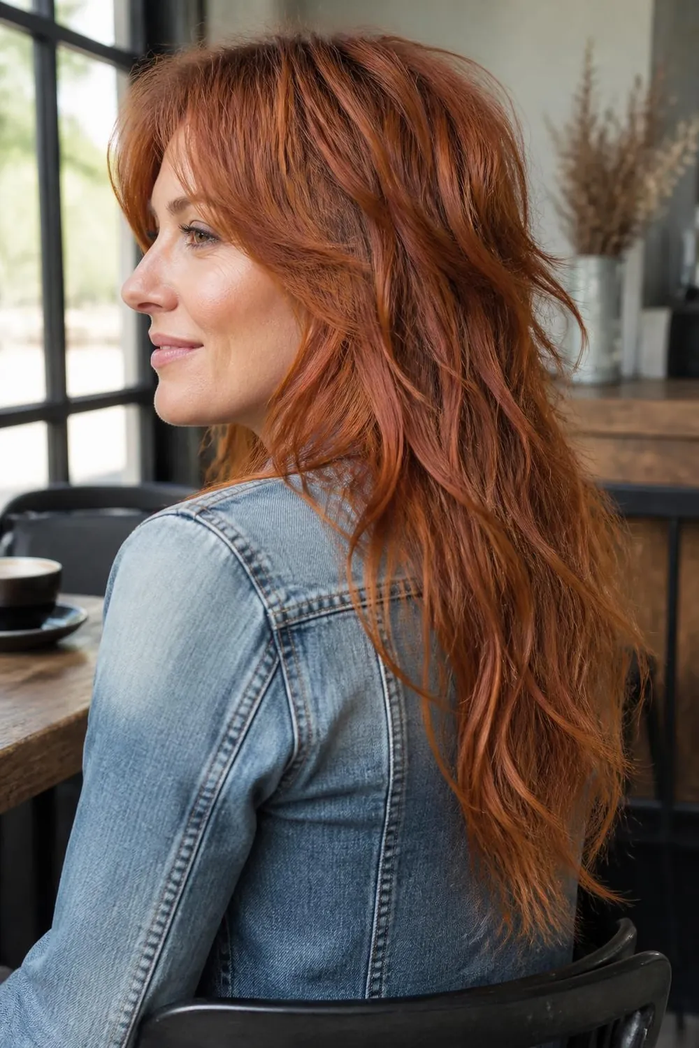 Soft wolf cut with shaggy crown layers and wispy ends on a woman in her 40s