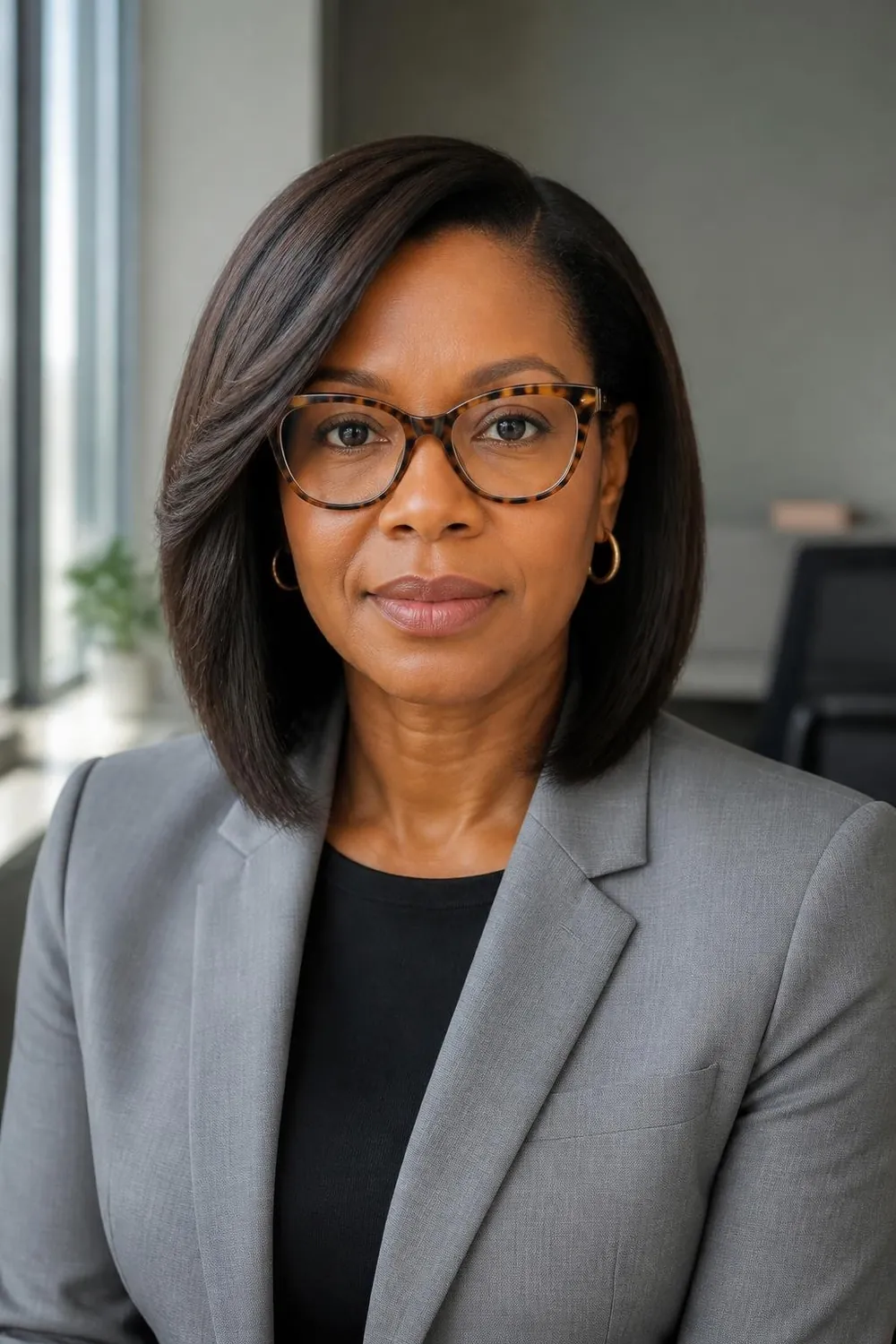 Side-parted lob that sweeps hair away from glasses on a woman in her 40s