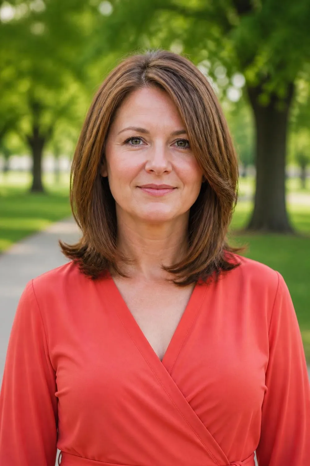 Below-the-chin layered cut that lengthens a round face on a woman in her 40s