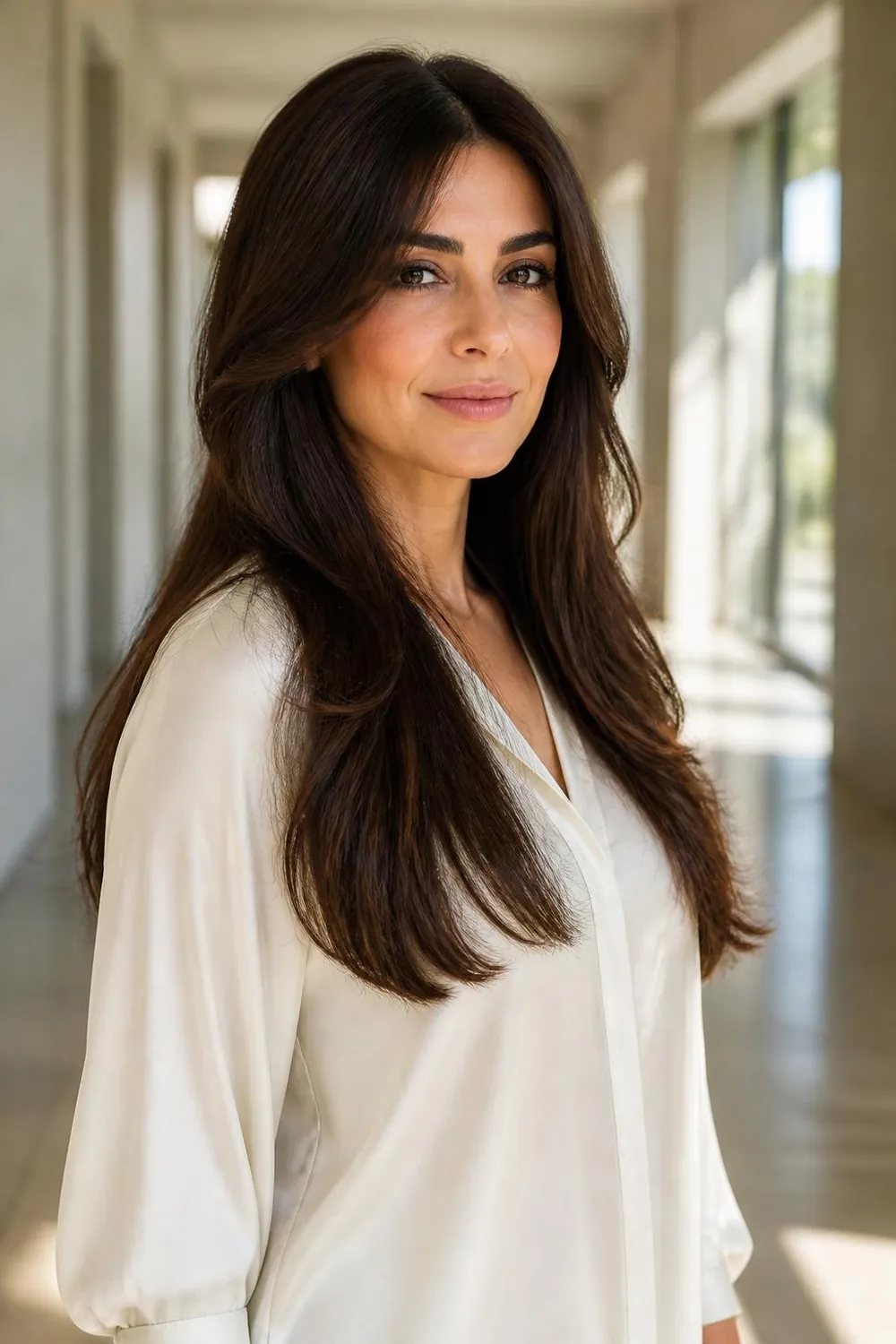 Long layered hair with face-framing pieces at the cheekbones on a woman in her 40s