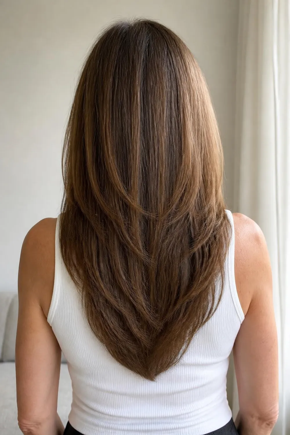Back view of long hair with soft V-cut layers on a woman in her 40s