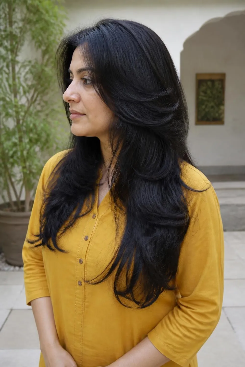 Long thick hair with hidden internal layers removing bulk on a woman in her 40s