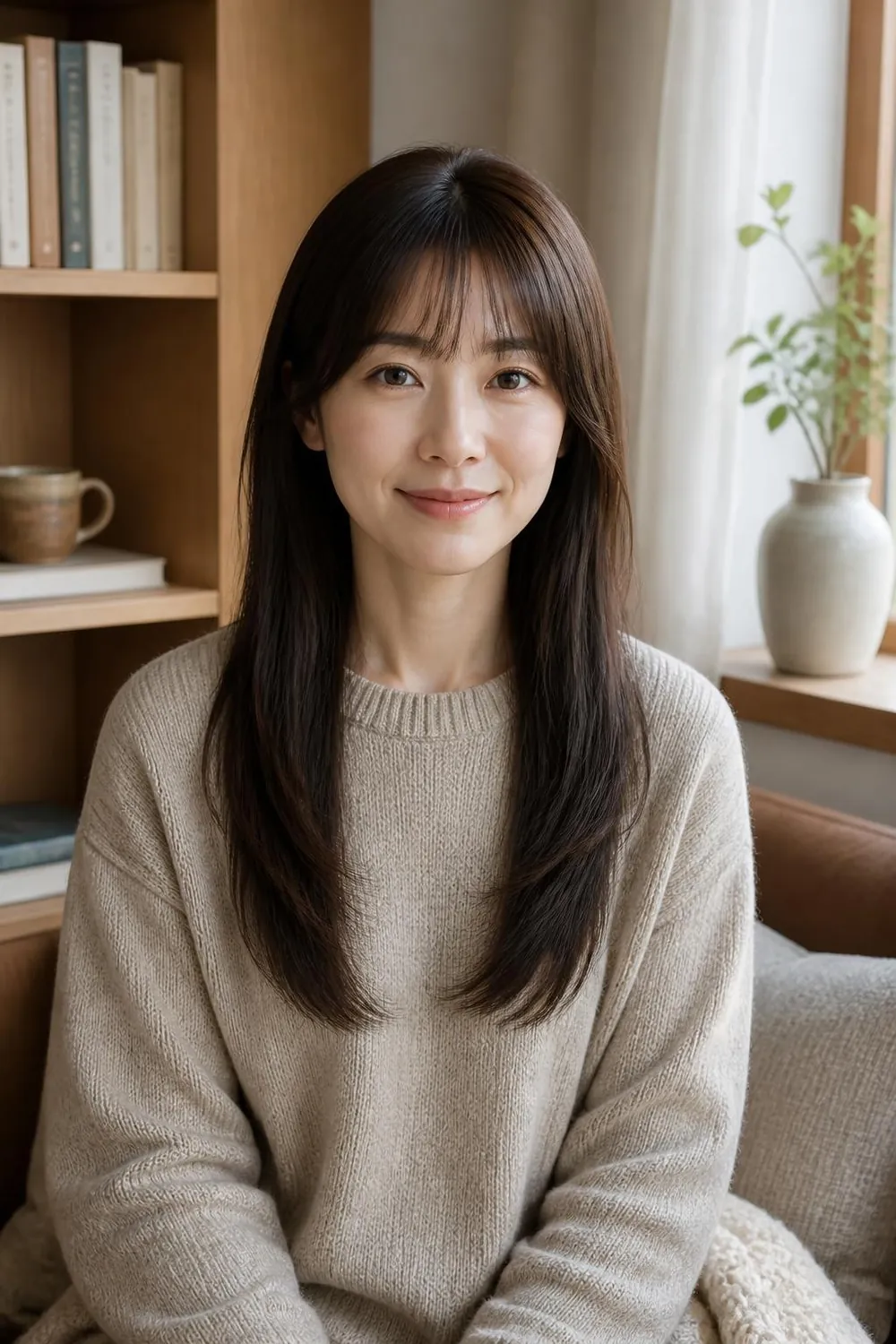 Long straight hair with soft wispy bangs on an East Asian woman in her 40s