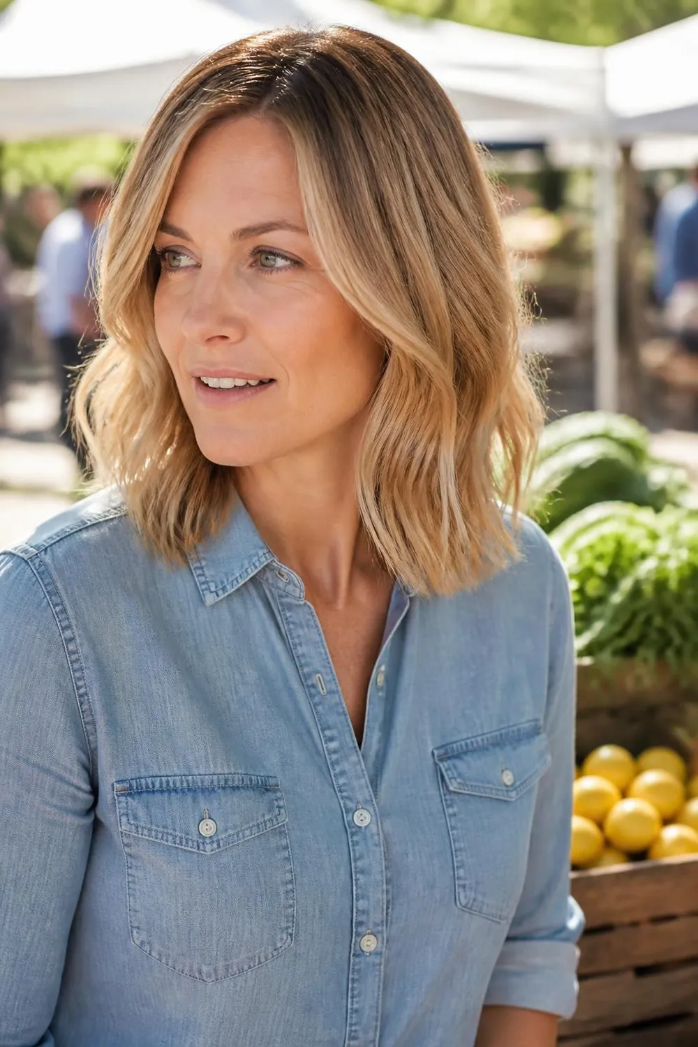 Honey blonde babylights on a shoulder-length lob on a woman in her 40s