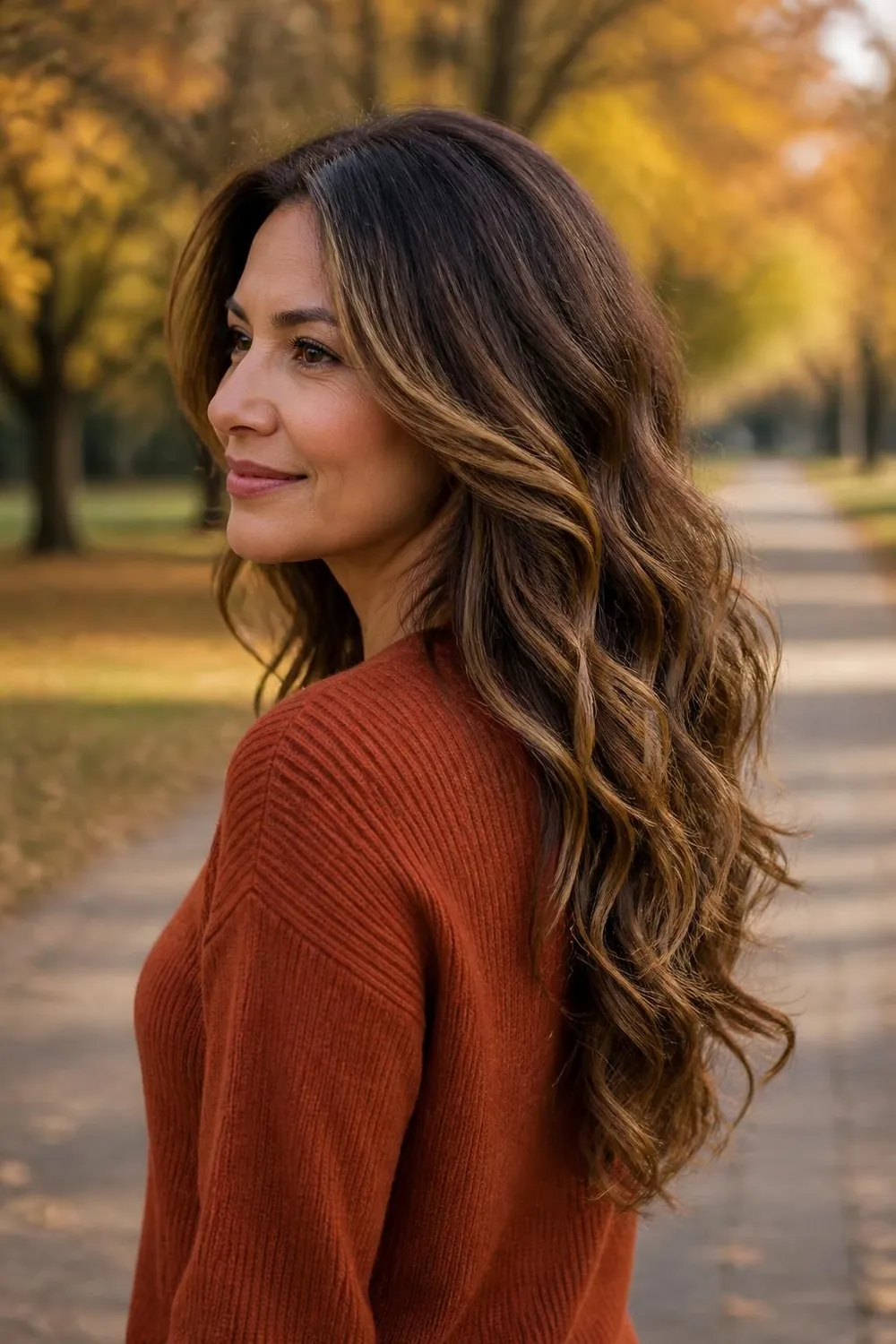 Chocolate brunette long layers with caramel balayage on a woman in her 40s