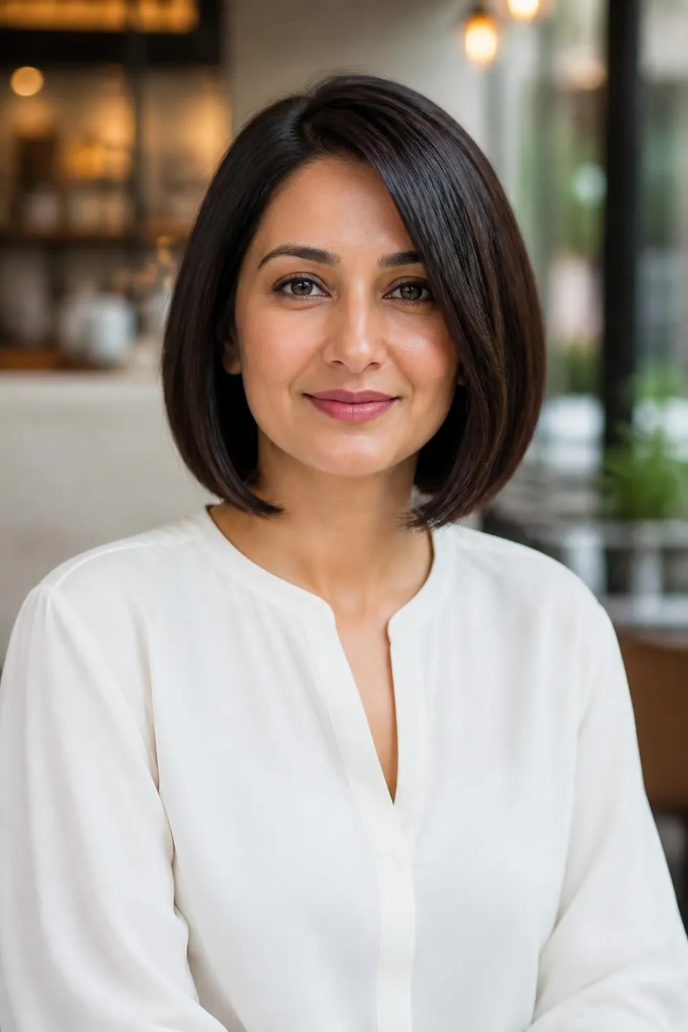 Glossy espresso brunette bob with a sleek finish on a South Asian woman in her 40s