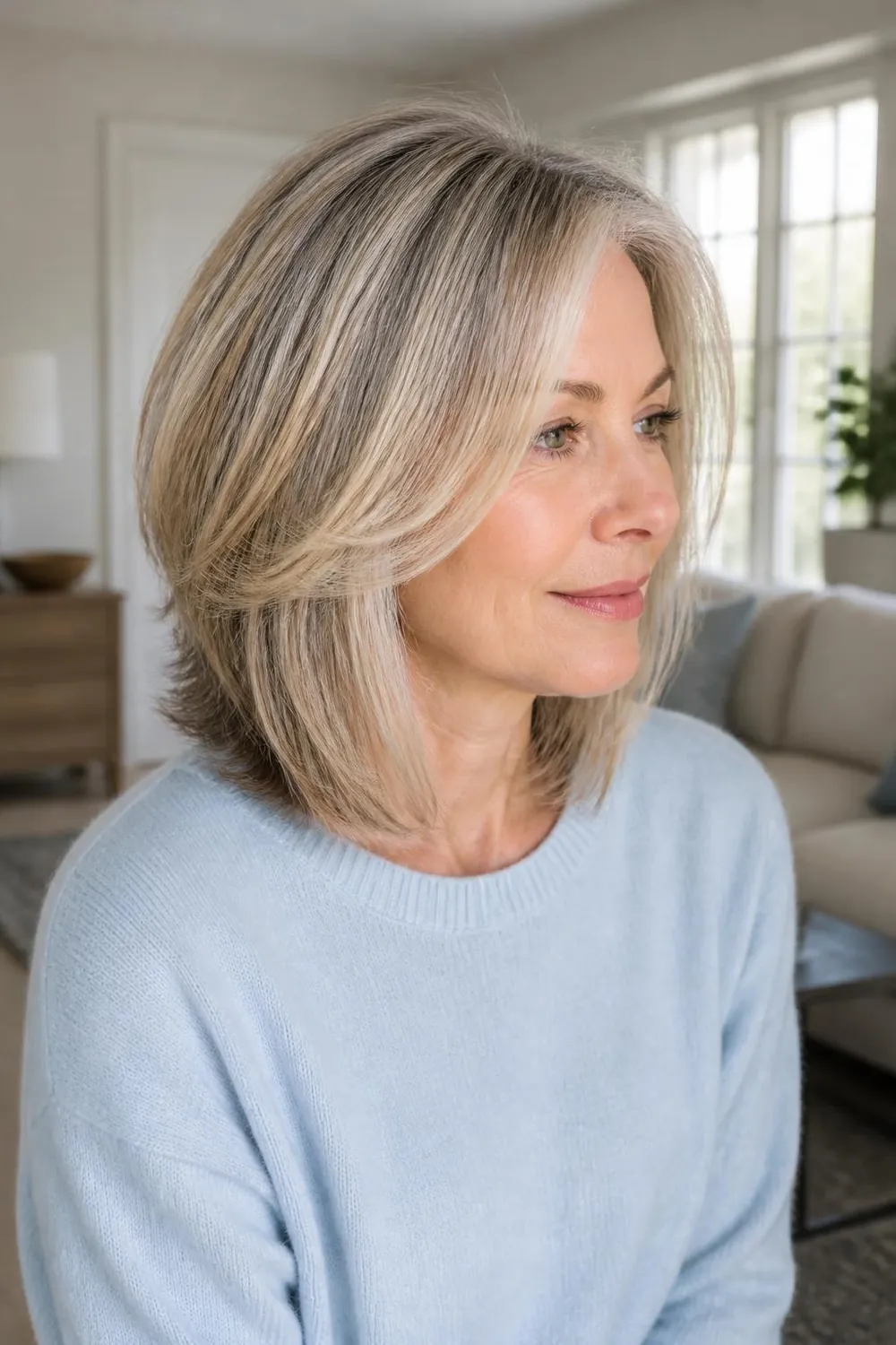 Gray-blending highlights on a shoulder-length layered cut on a woman in her 40s