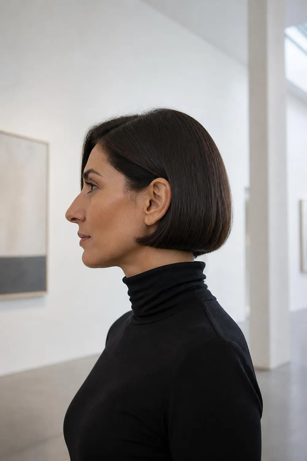 Ear-grazing micro bob cut in one heavy line, woman in her 40s with fine straight hair