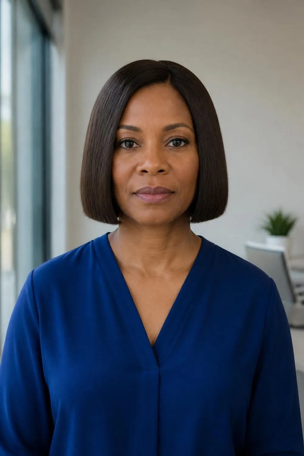 Dense jaw-length blunt bob for fine hair on a Black woman in her 40s