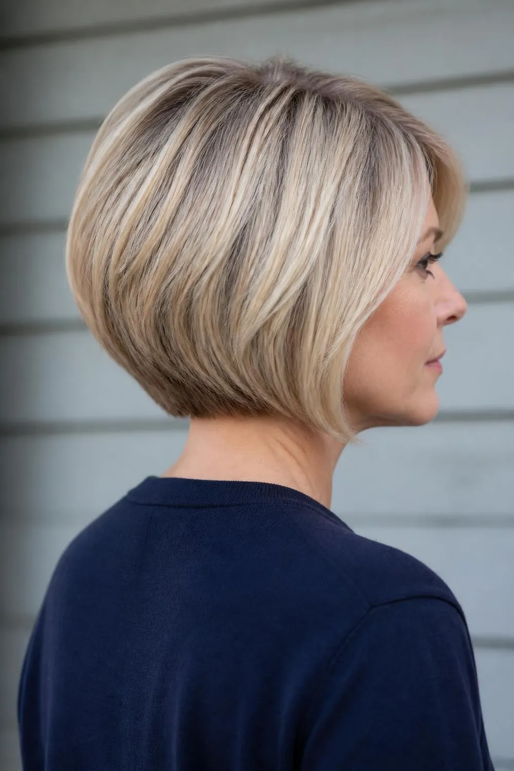 Rounded graduated bob with built-in crown lift for fine hair, woman in her 40s