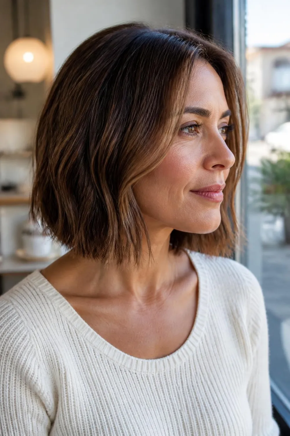 Chin-length bob with flat-iron bent waves for fine hair on a woman in her 40s