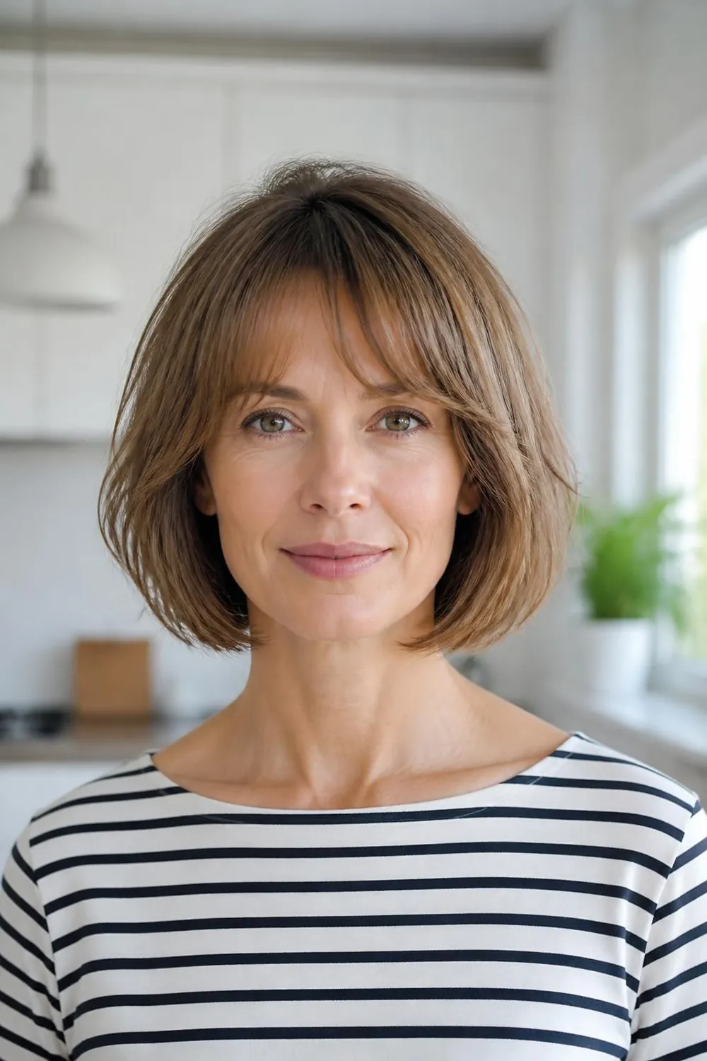 Collar-length bob with soft feathered bangs for fine hair on a woman in her 40s