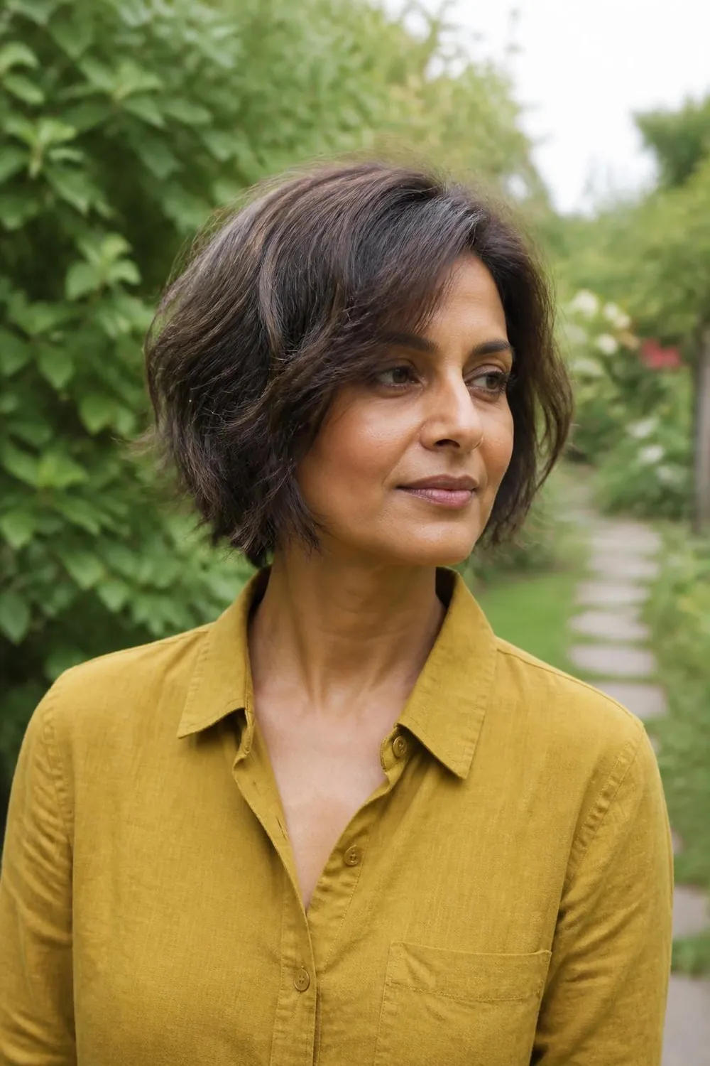 Choppy neck-length bob with textured ends on a woman in her 40s with fine wavy hair