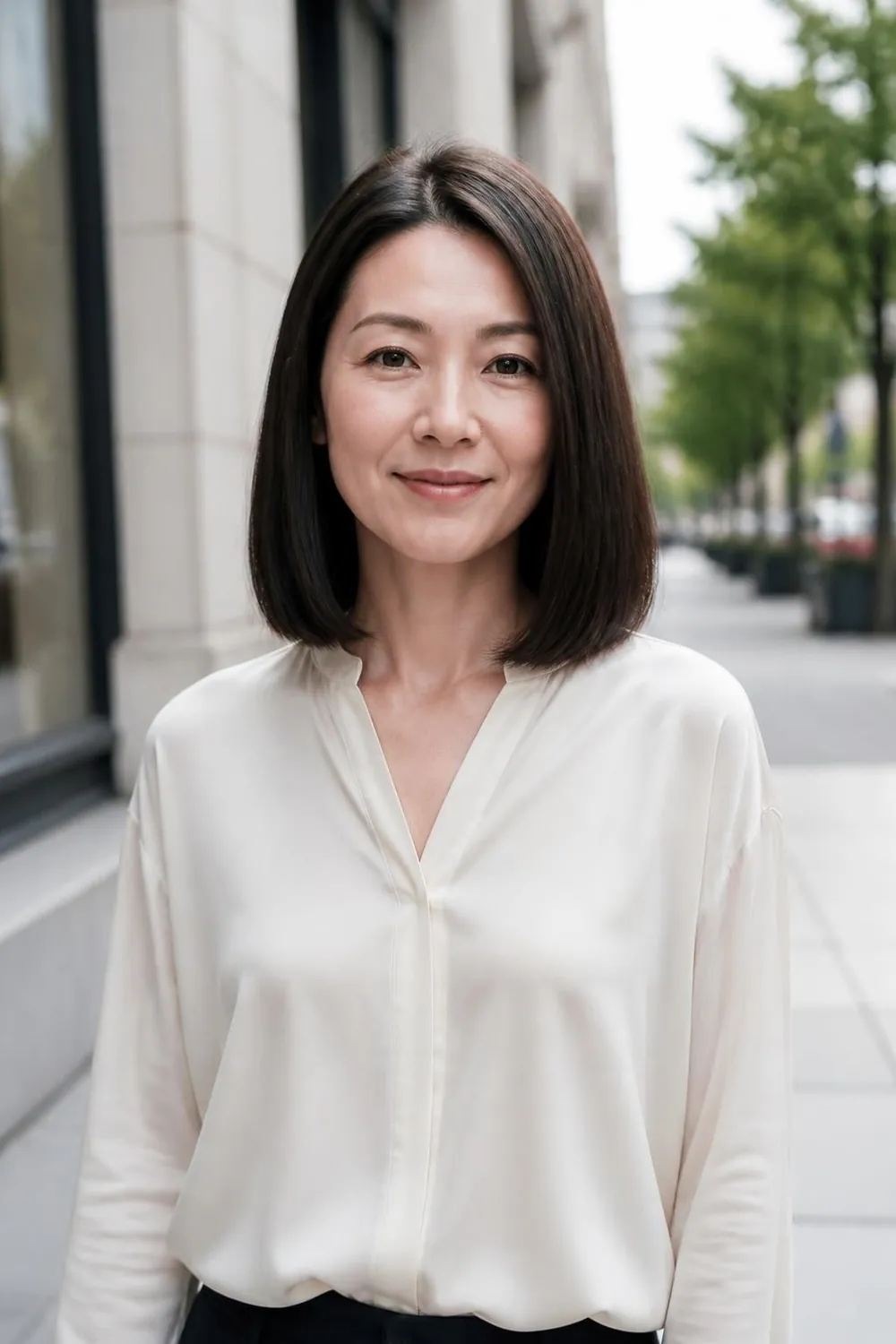Collarbone lob with a thick blunt edge for fine hair on a woman in her 40s
