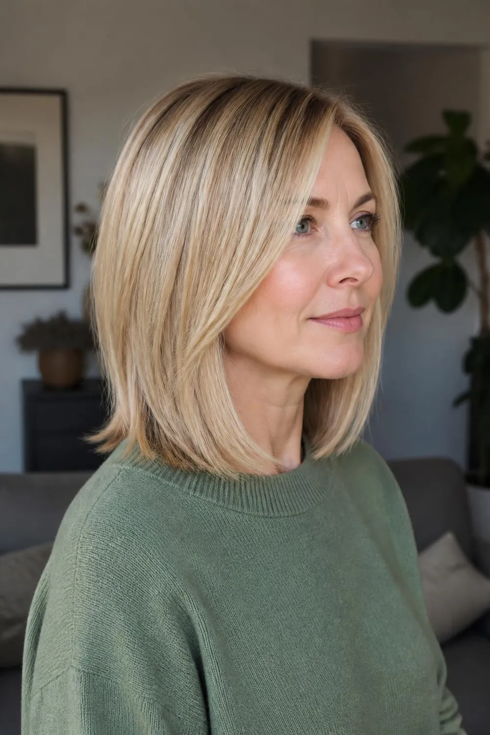 Lob with hidden ghost layers for movement on fine hair on a woman in her 40s