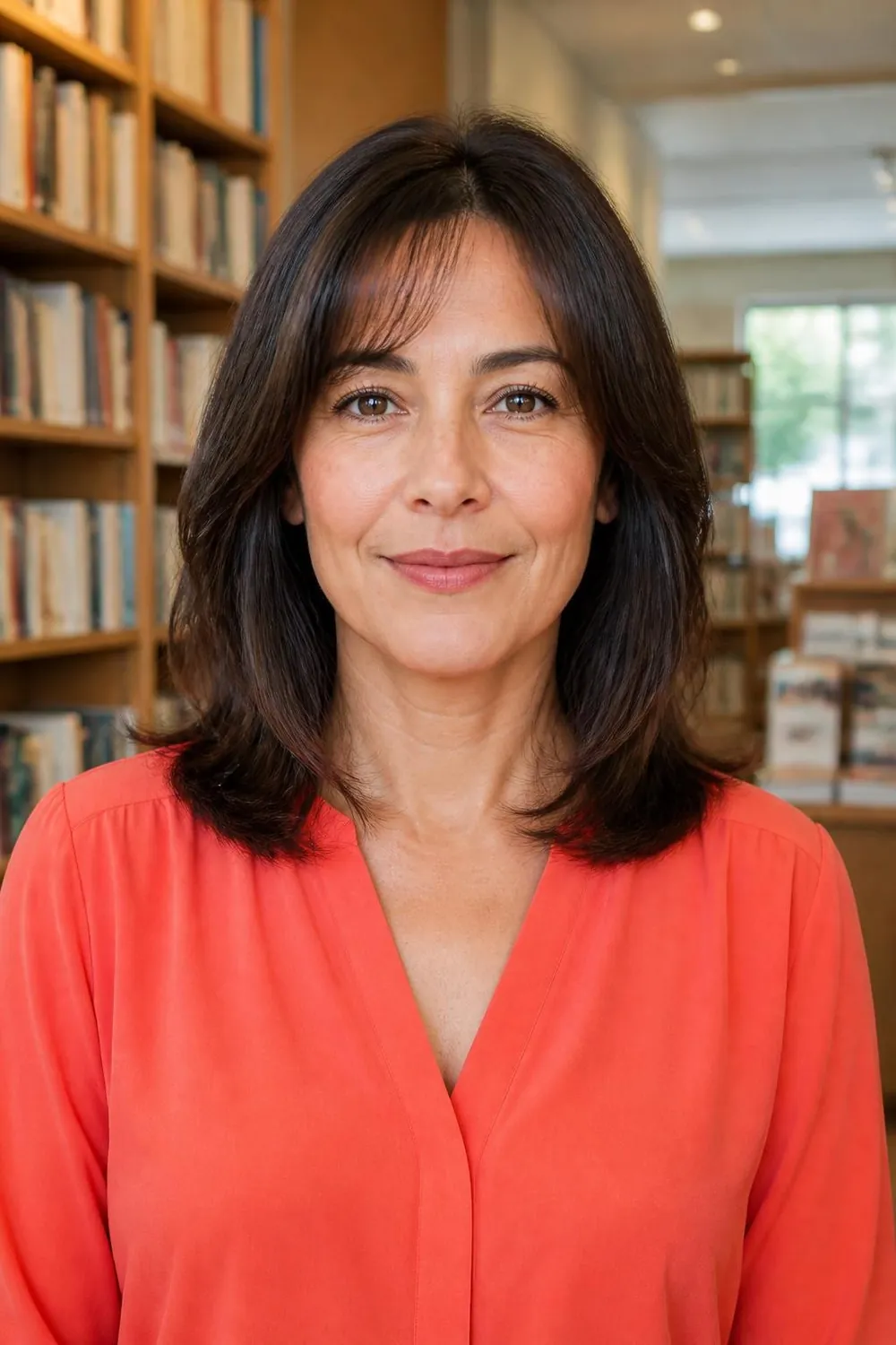 Collarbone-length cut with a wispy curtain fringe for fine hair on a woman in her 40s