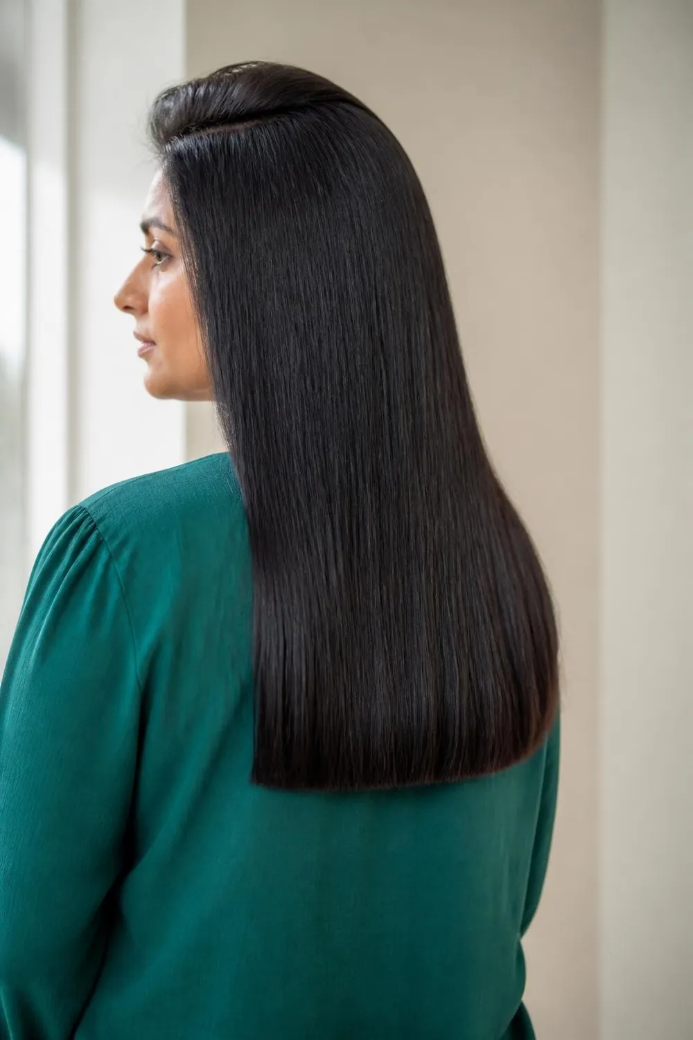 Long fine hair cut straight across with a blunt hem on a woman in her 40s