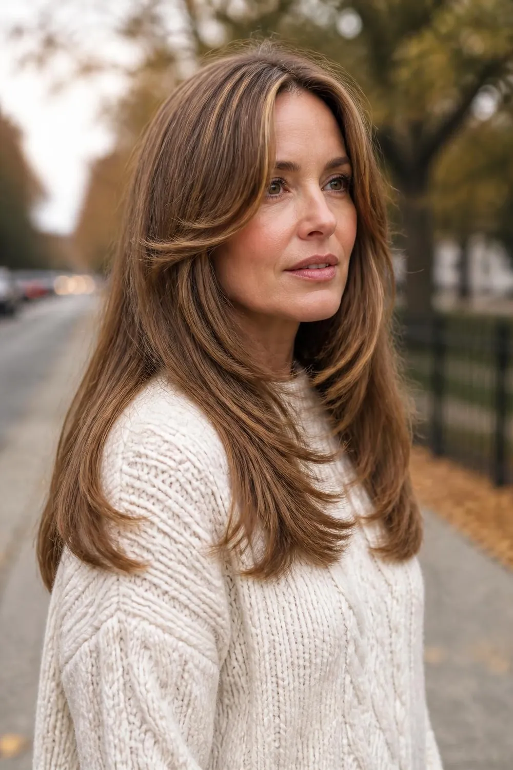 Long fine hair with short cheekbone-length pieces around the face on a woman in her 40s