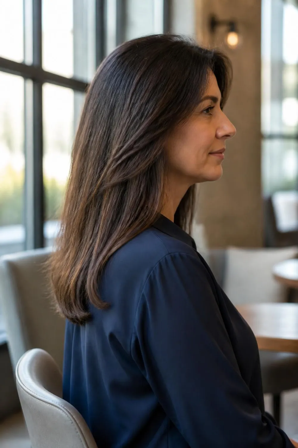 Shoulder-blade length fine hair with minimal long layers on a woman in her 40s