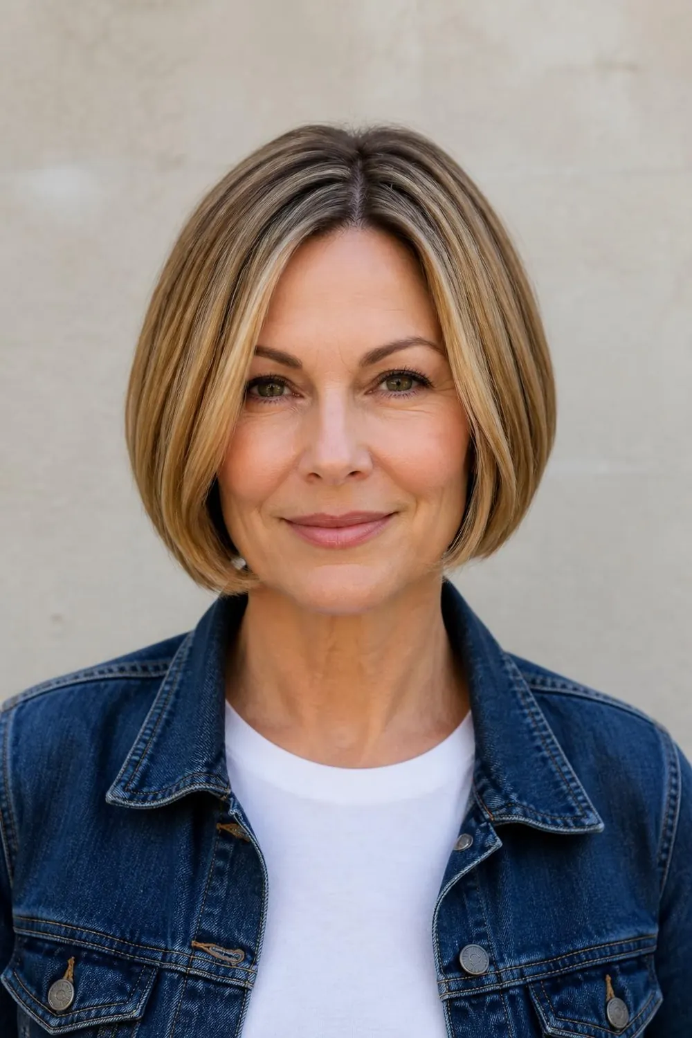 Blonde bob with dimensional lowlights adding depth to fine hair on a woman in her 40s