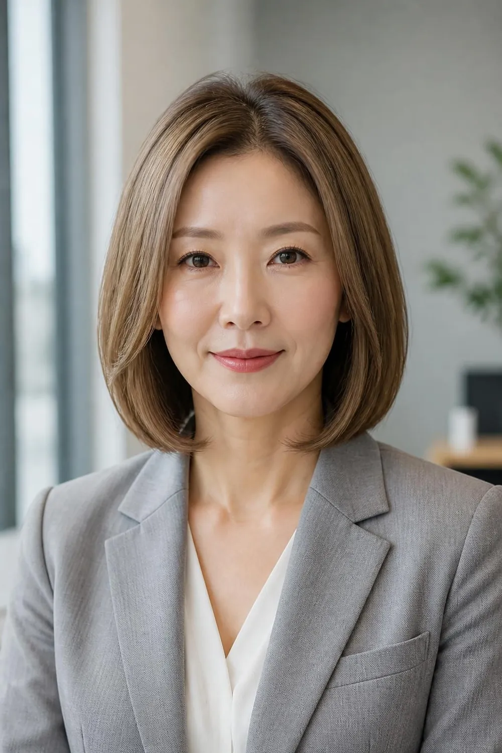 Lob with a soft root shadow for fuller-looking fine hair on a woman in her 40s