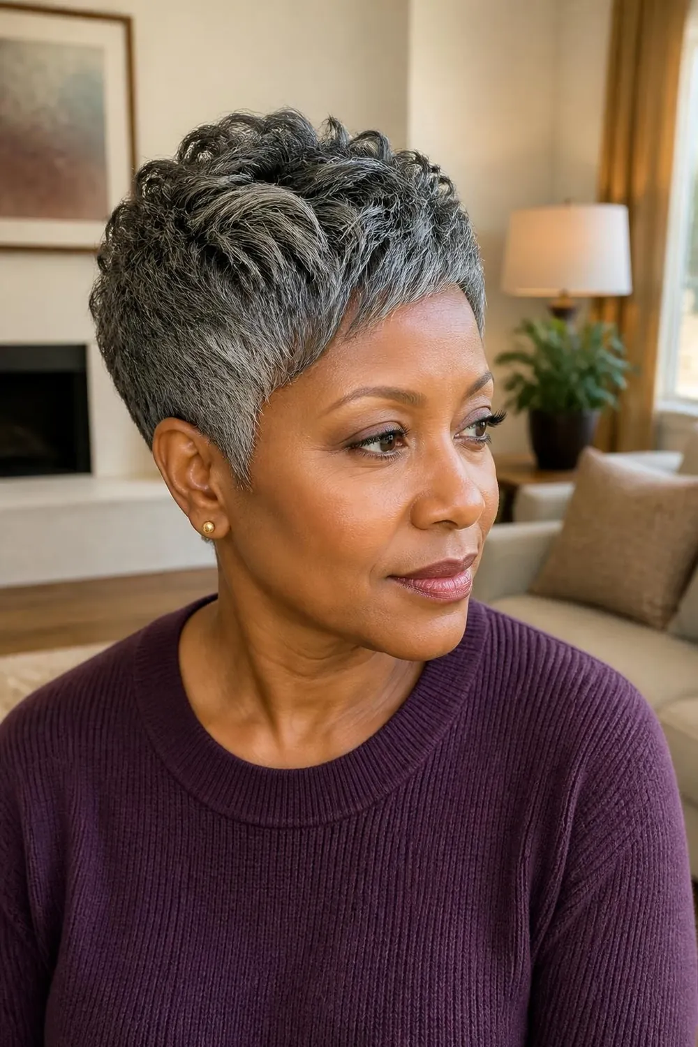 Salt-and-pepper pixie with natural gray texture on a woman in her late 40s