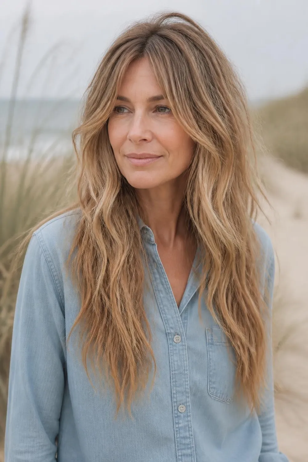 Long shag haircut with textured crown layers on a woman over 40