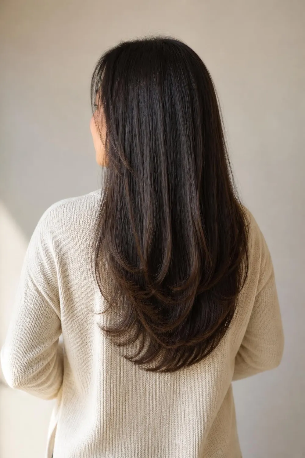 Back view of a long U-shaped layered cut on a woman in her 40s