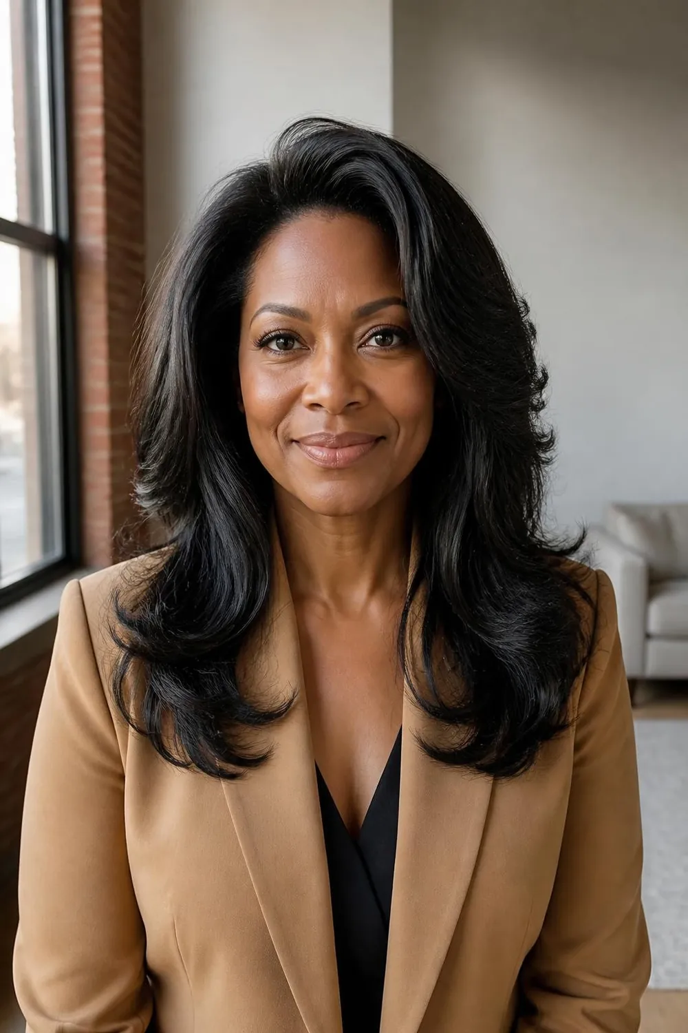 Long hair with bouncy 90s blowout layers and volume on a woman in her 40s