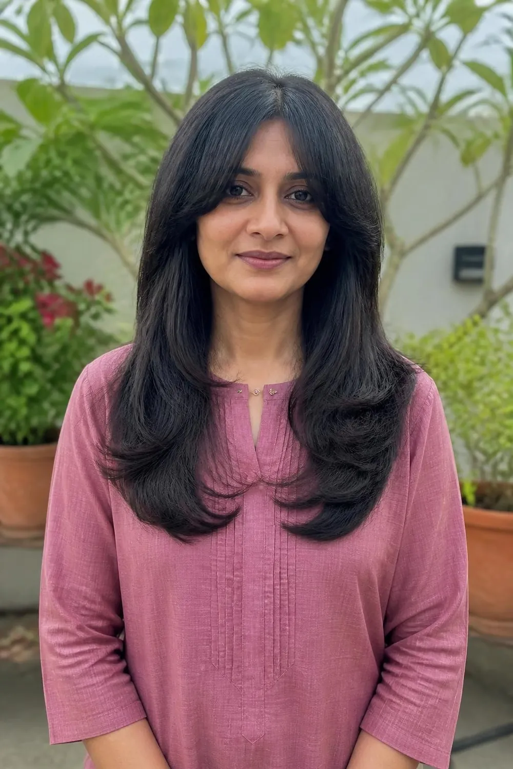 Long layered hair with curtain bangs parted in the middle on a woman over 40