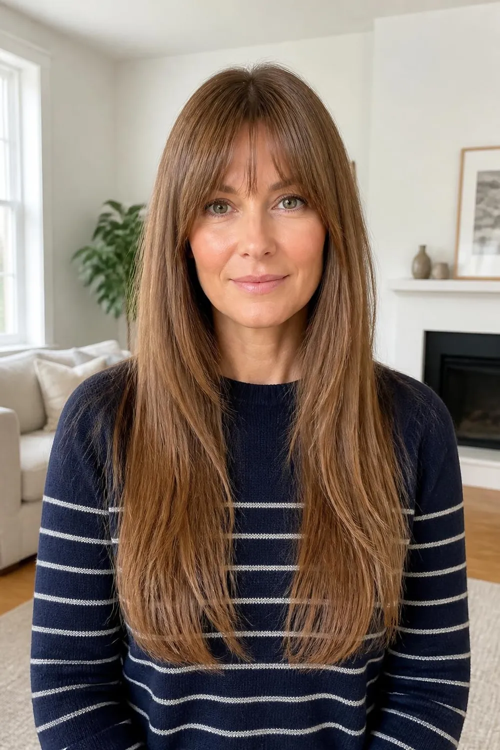 Long straight hair with soft wispy bangs grazing the brows on a woman in her 40s