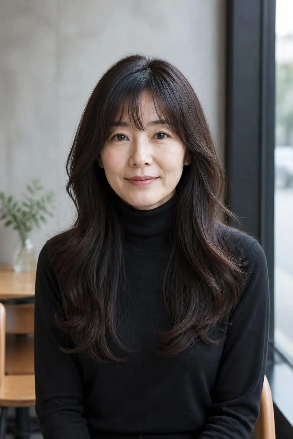 Bottleneck bangs with long soft waves on a woman over 40