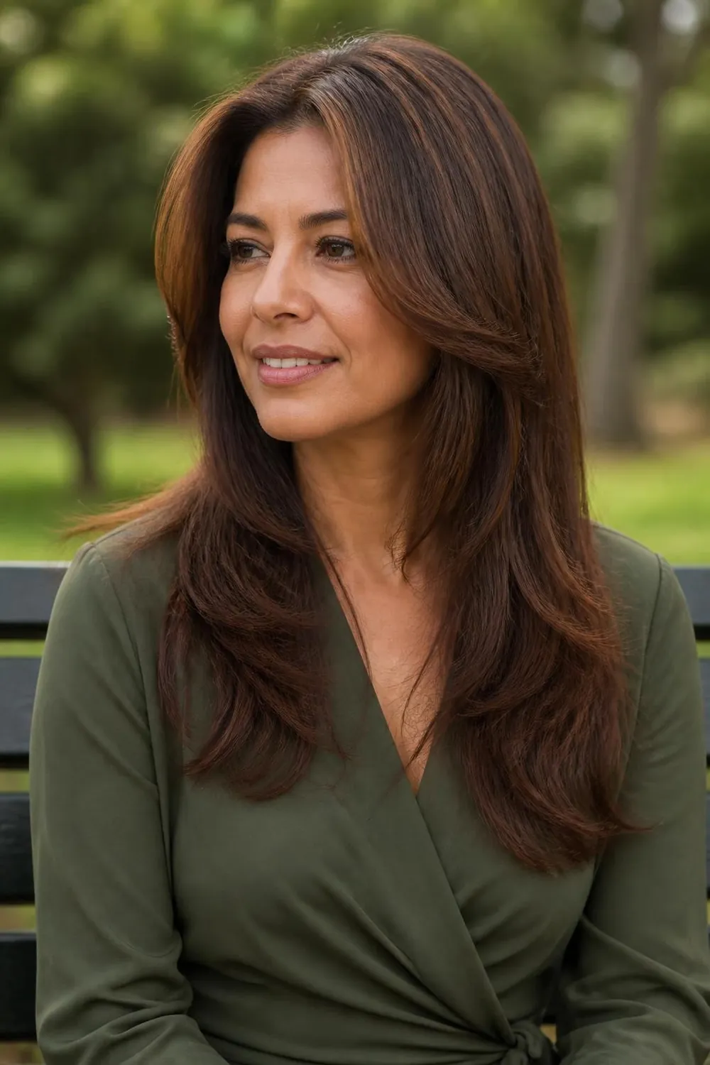Long hair with face-framing layers starting at the cheekbone on a woman in her 40s