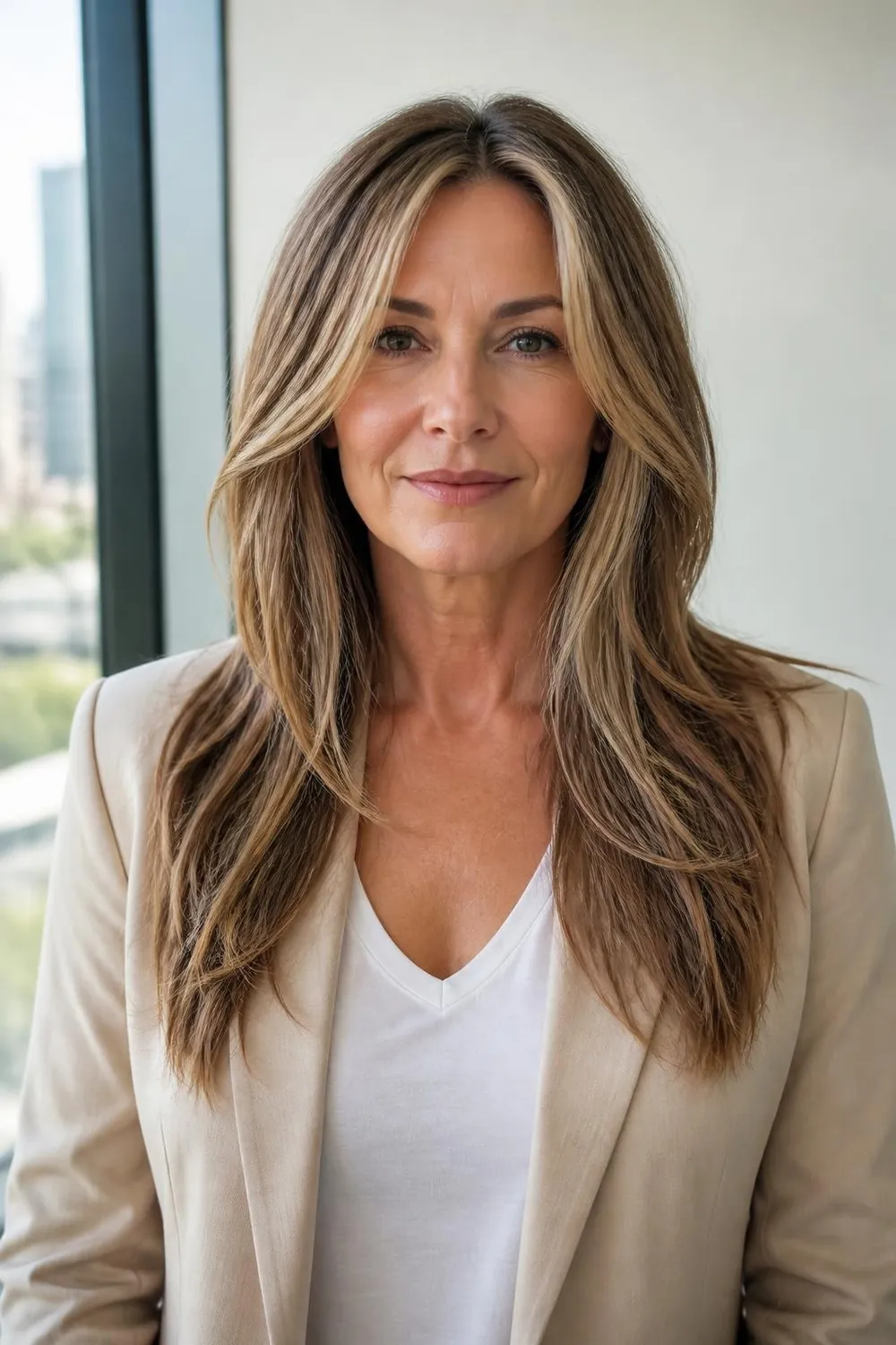 Long layered hair with bright face-framing highlights on a woman over 40