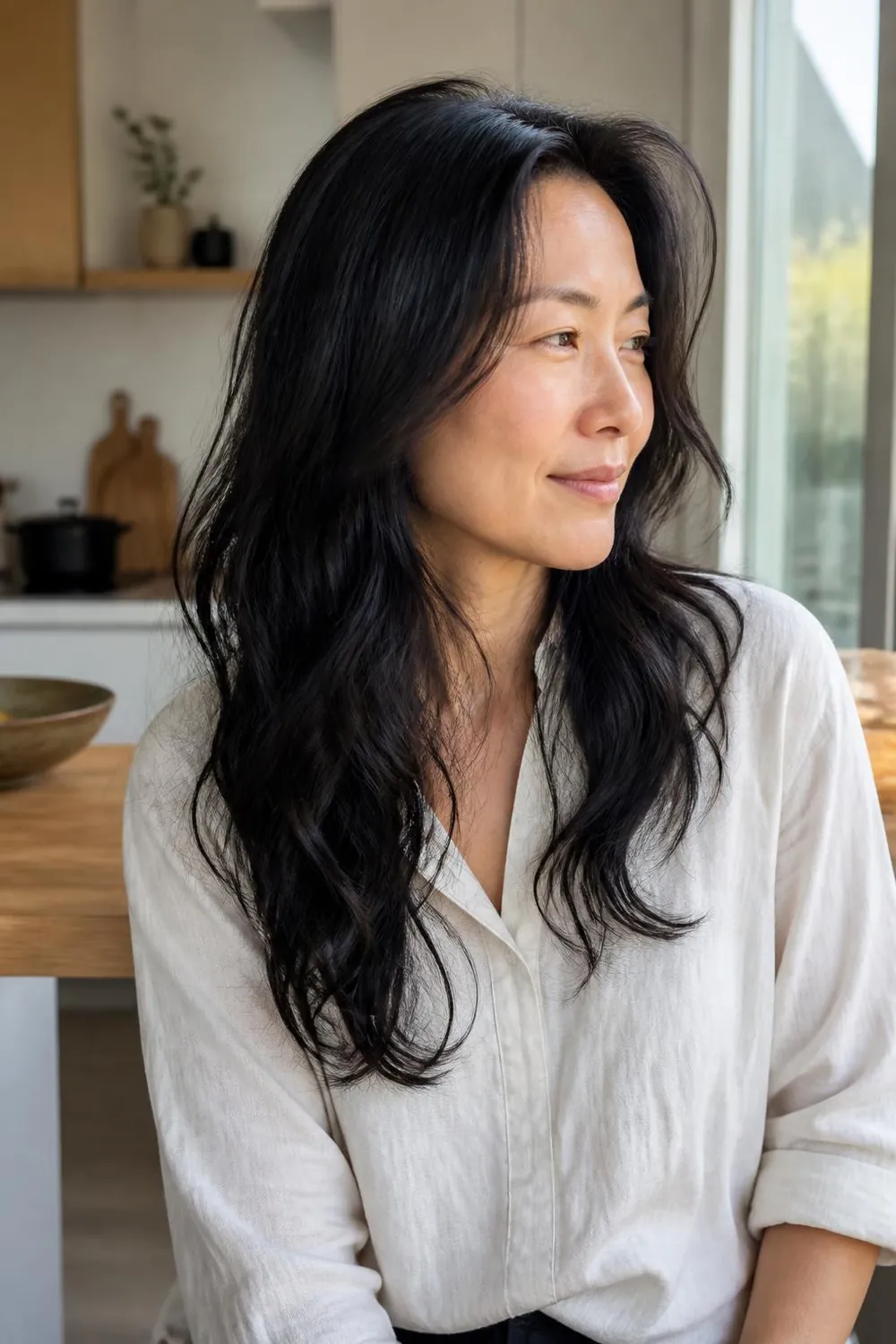 Long natural waves cut to air dry on a woman in her 40s