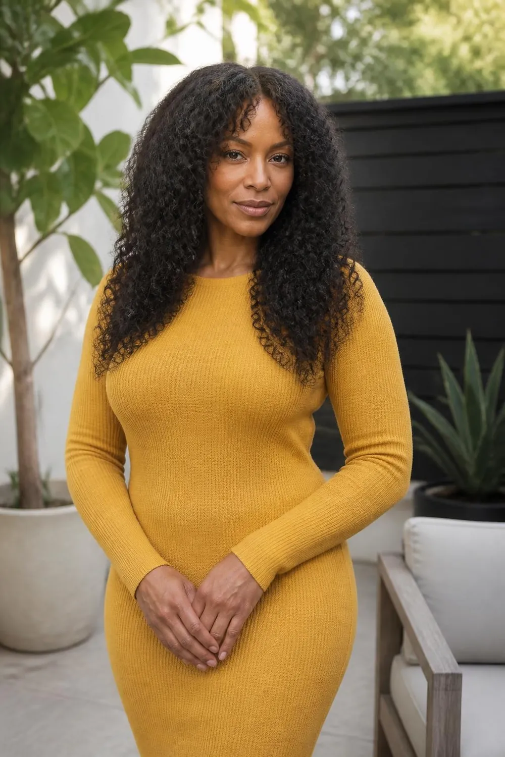 Long defined curls shaped with a dry cut on a woman over 40