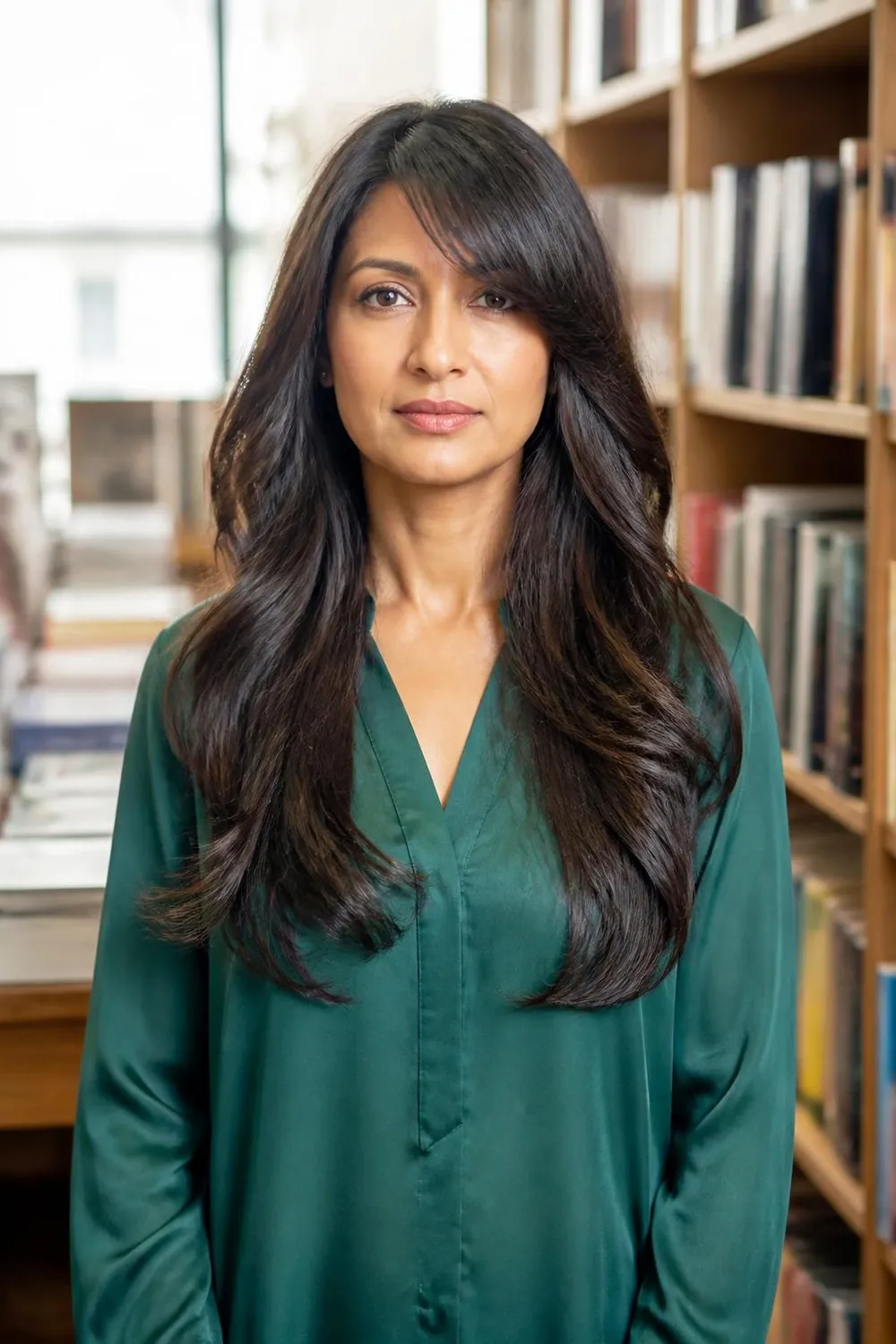 Long layers with side bangs and cheek-level waves for a long face over 40