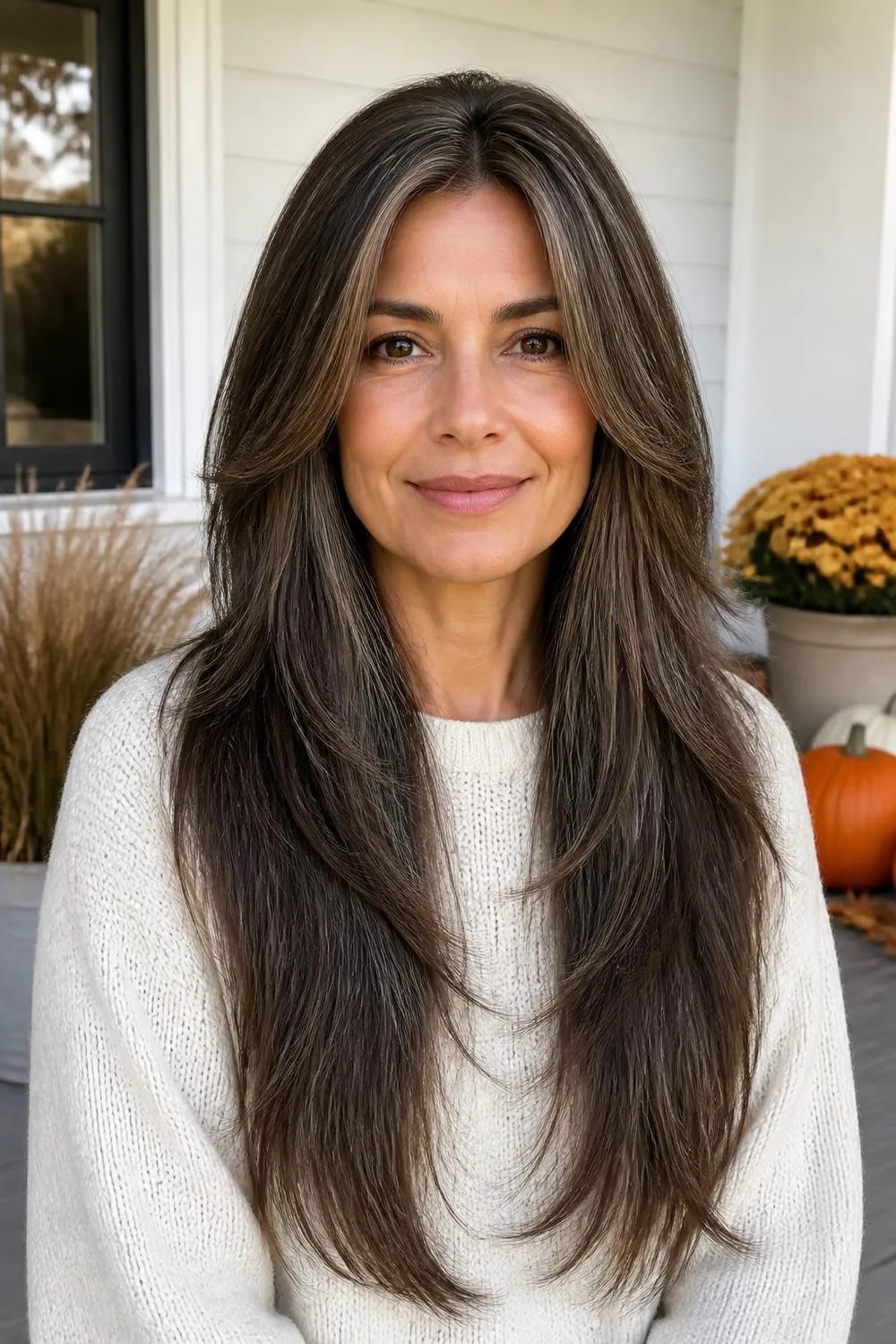 Long layers with soft gray blending on a brunette woman in her 40s