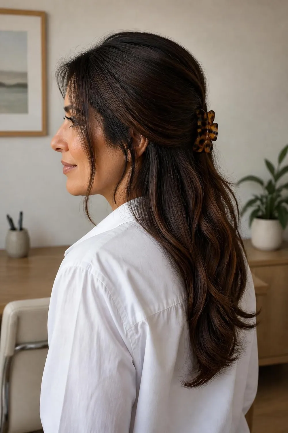 Long layers twisted into a claw clip on a woman in her 40s