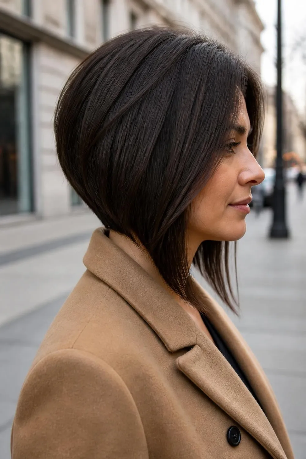 Forward-angled lob longer in front reaching the collarbone on a woman in her 40s